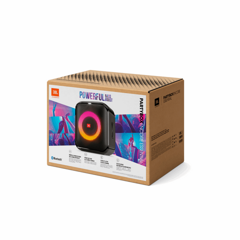 JBL PARTYBOX ENCORE ESSENTIAL Portable party speaker with powerful 100W sound, built-in dynamic light show, and splash proof design.