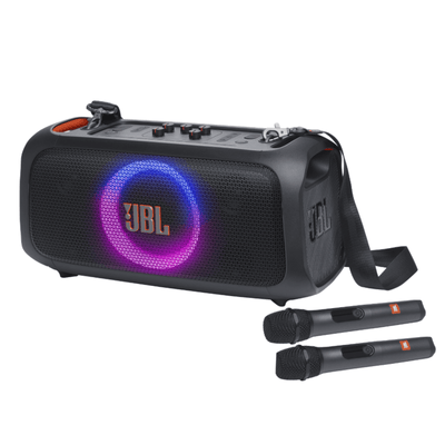 JBL PartyBox On-The-Go Essential Portable Party Speaker with Built-In Lights and 2x Wireless Microphone