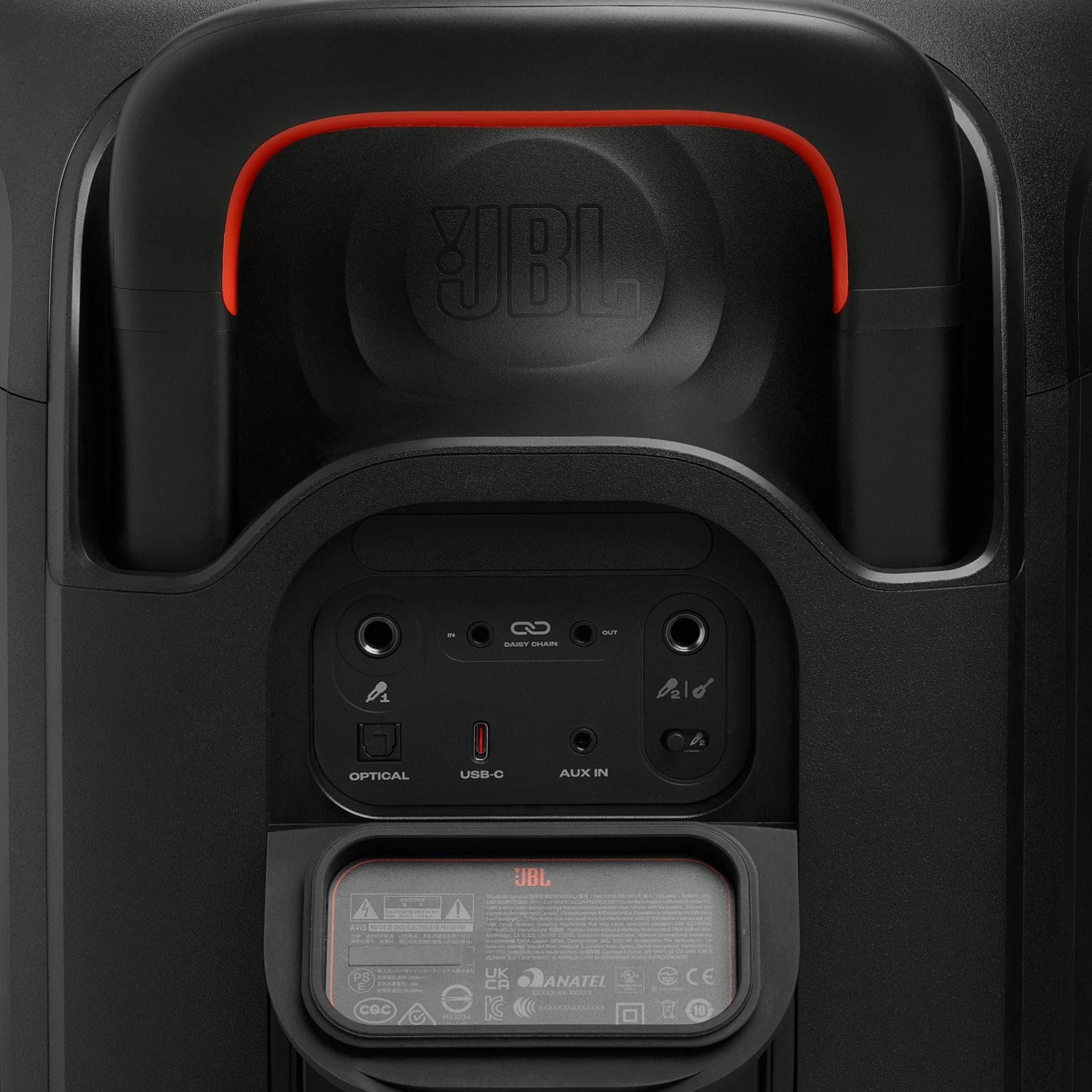 JBL PartyBox 330 Portable Party Speaker with JBL Legendary Sound, Futuristic Lighting, a Telescopic Handle and Wide Wheels.