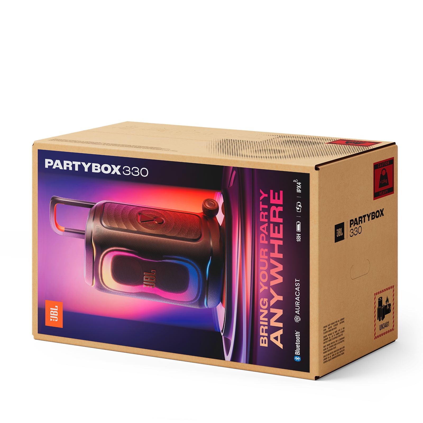 JBL PartyBox 330 Portable Party Speaker with JBL Legendary Sound, Futuristic Lighting, a Telescopic Handle and Wide Wheels.