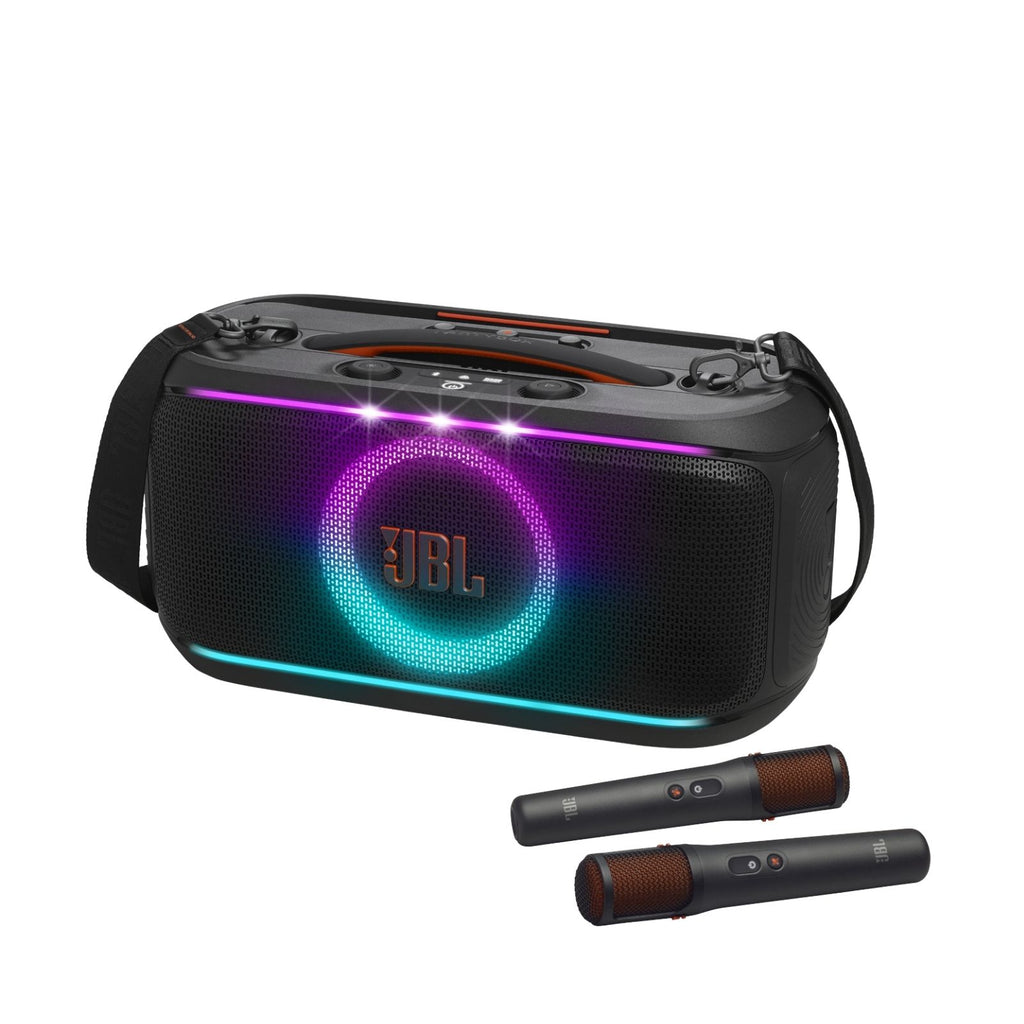 JBL Partybox On-The-Go 2 Portable party speaker with two wireless digital mics, handle and a shoulder strap