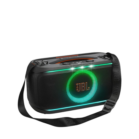 JBL Partybox On-The-Go 2 Portable party speaker with two wireless digital mics, handle and a shoulder strap