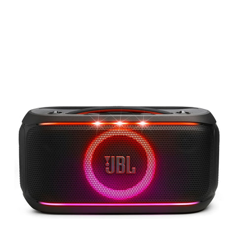 JBL Partybox On-The-Go 2 Portable party speaker with two wireless digital mics, handle and a shoulder strap