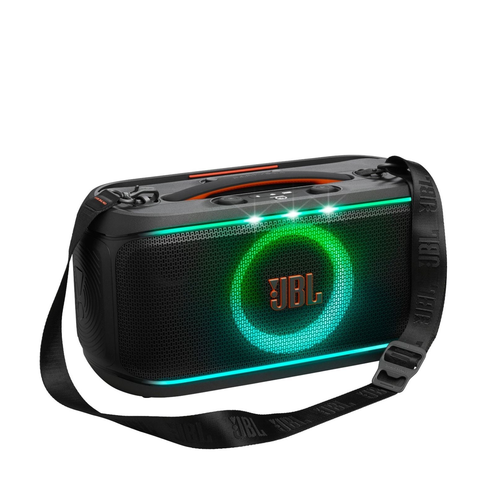 JBL Partybox On-The-Go 2 Portable party speaker with two wireless digital mics, handle and a shoulder strap