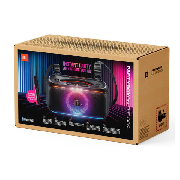 JBL Partybox On-The-Go 2 Portable party speaker with two wireless digital mics, handle and a shoulder strap